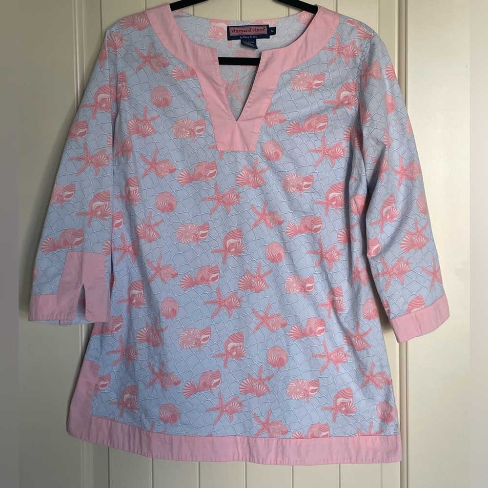 Vineyard Vines Pink Shell-Print Cotton Tunic Top